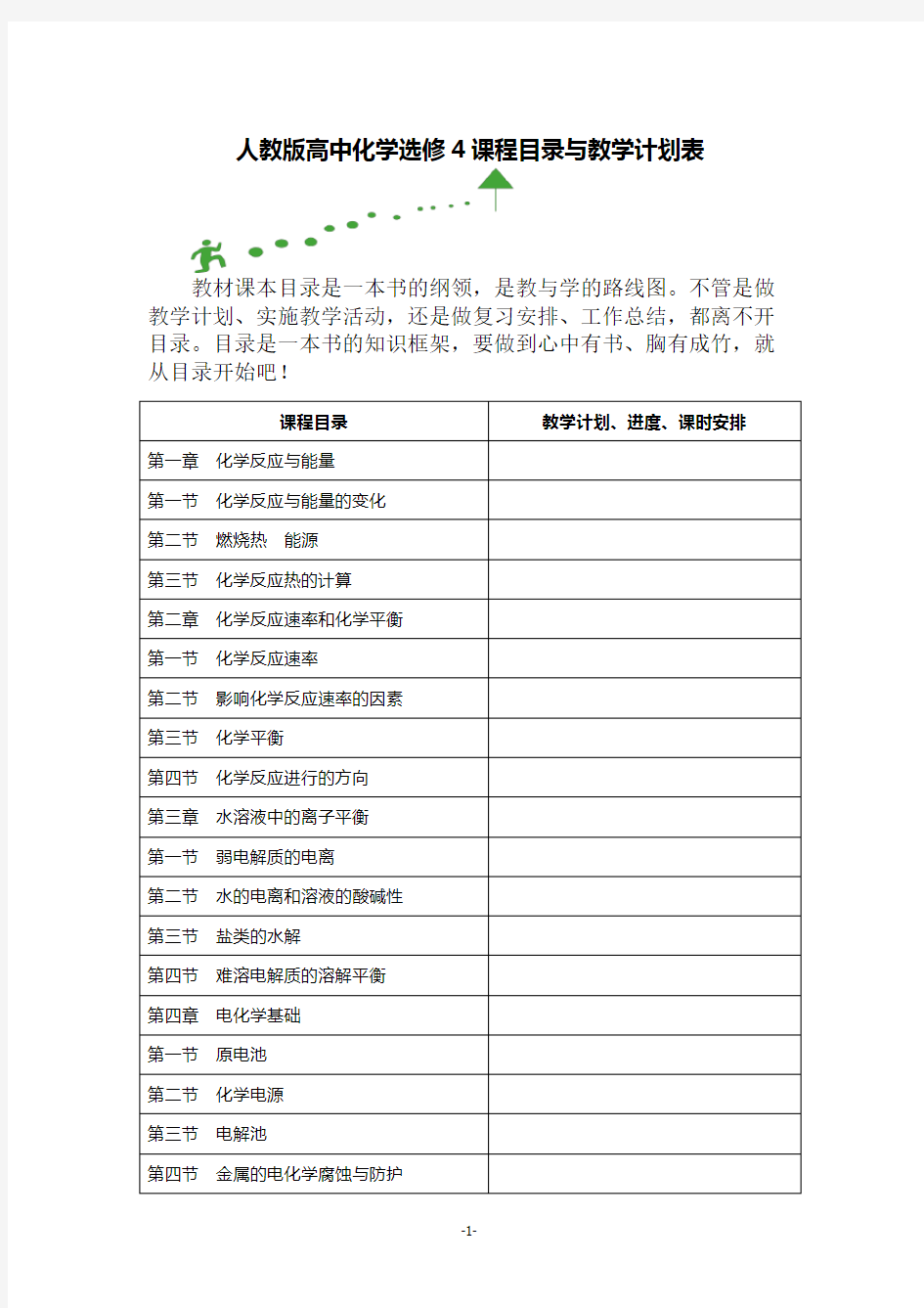 人教版高中化学选修4课程目录与教学计划表