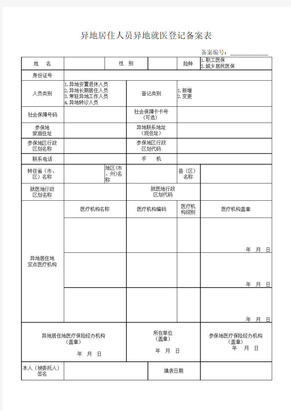 异地居住人员异地就医登记备案表