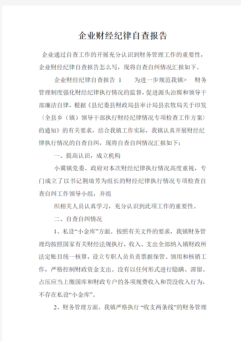 企业财经纪律自查报告