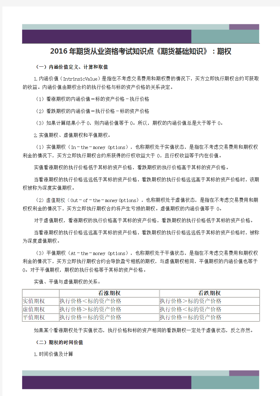 16年期货从业资格考试知识点《期货基础知识》：期权