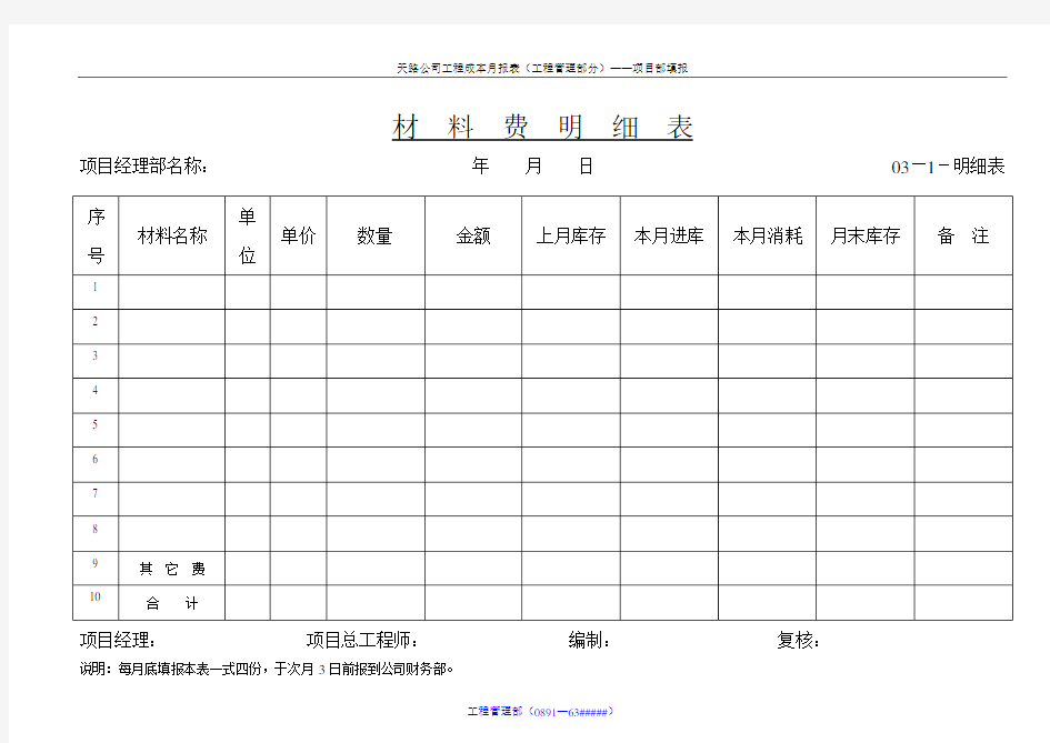 成本-材料费明细表