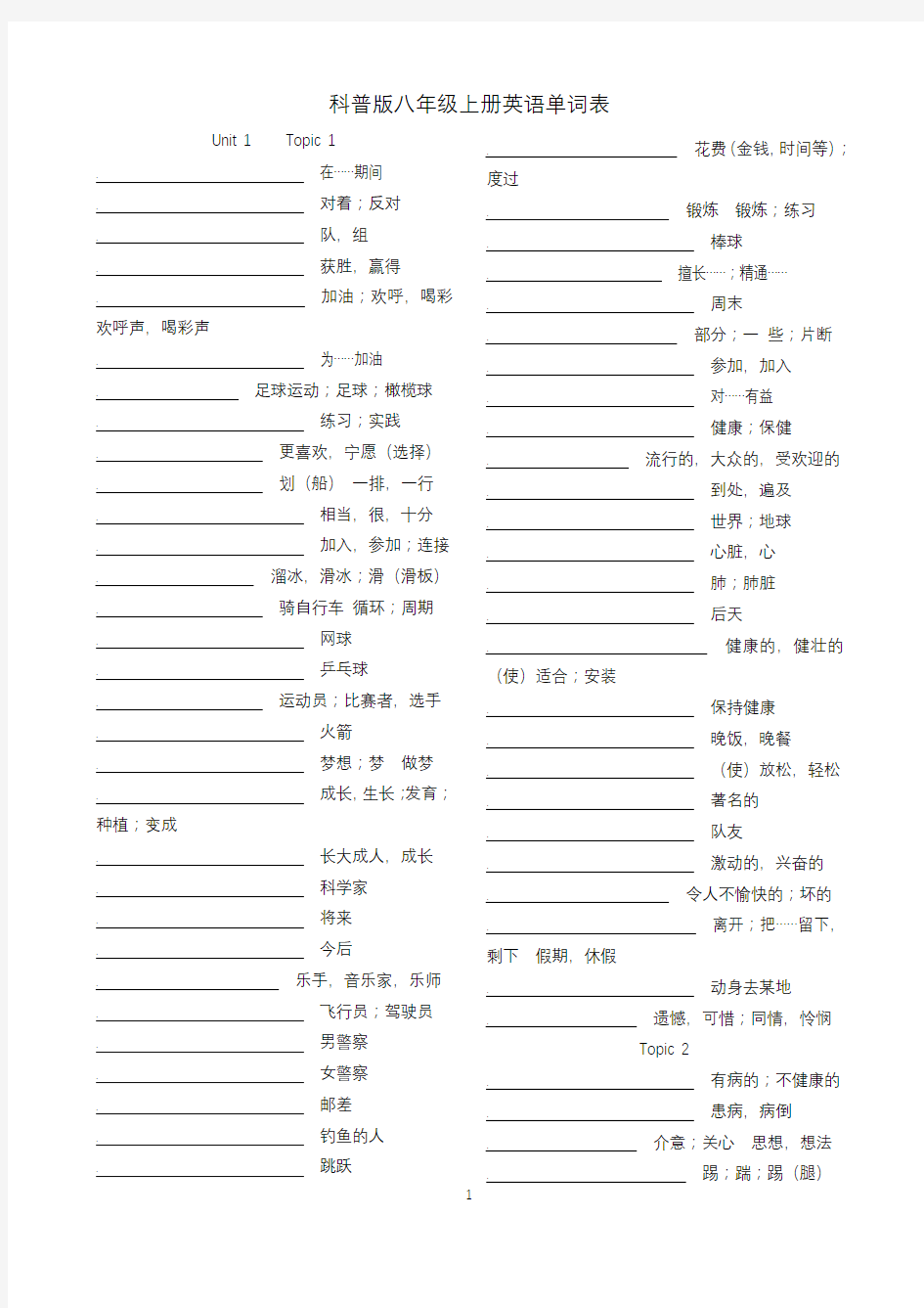 科普版八年级上册英语单词默写表