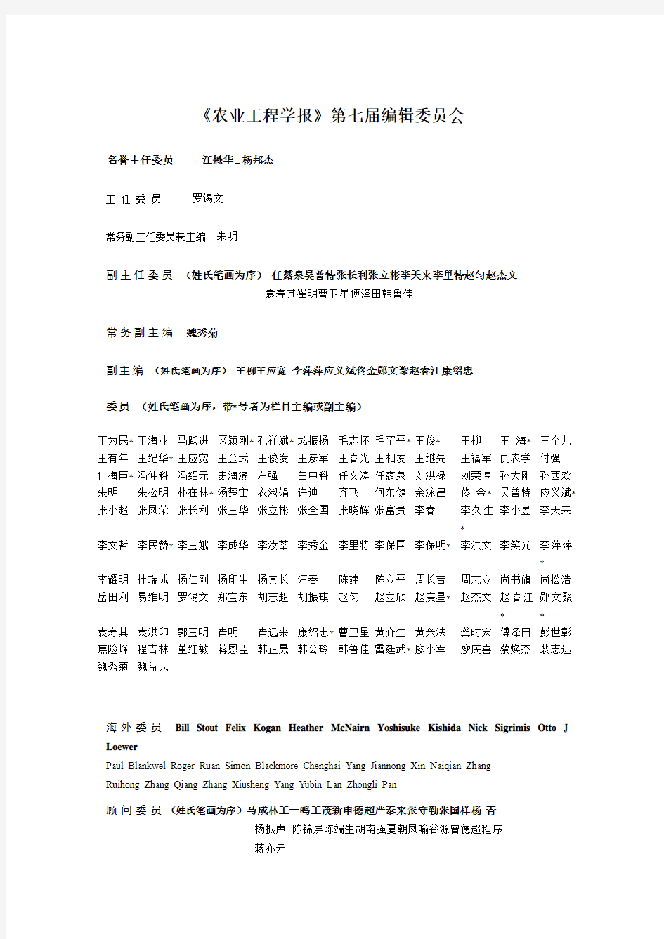 《农业工程学报》第七届编辑委员会名单