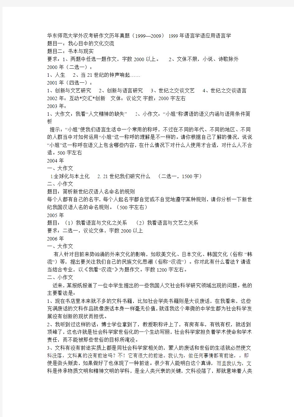 华东师范大学外汉考研作文历年真题(1999—2009)