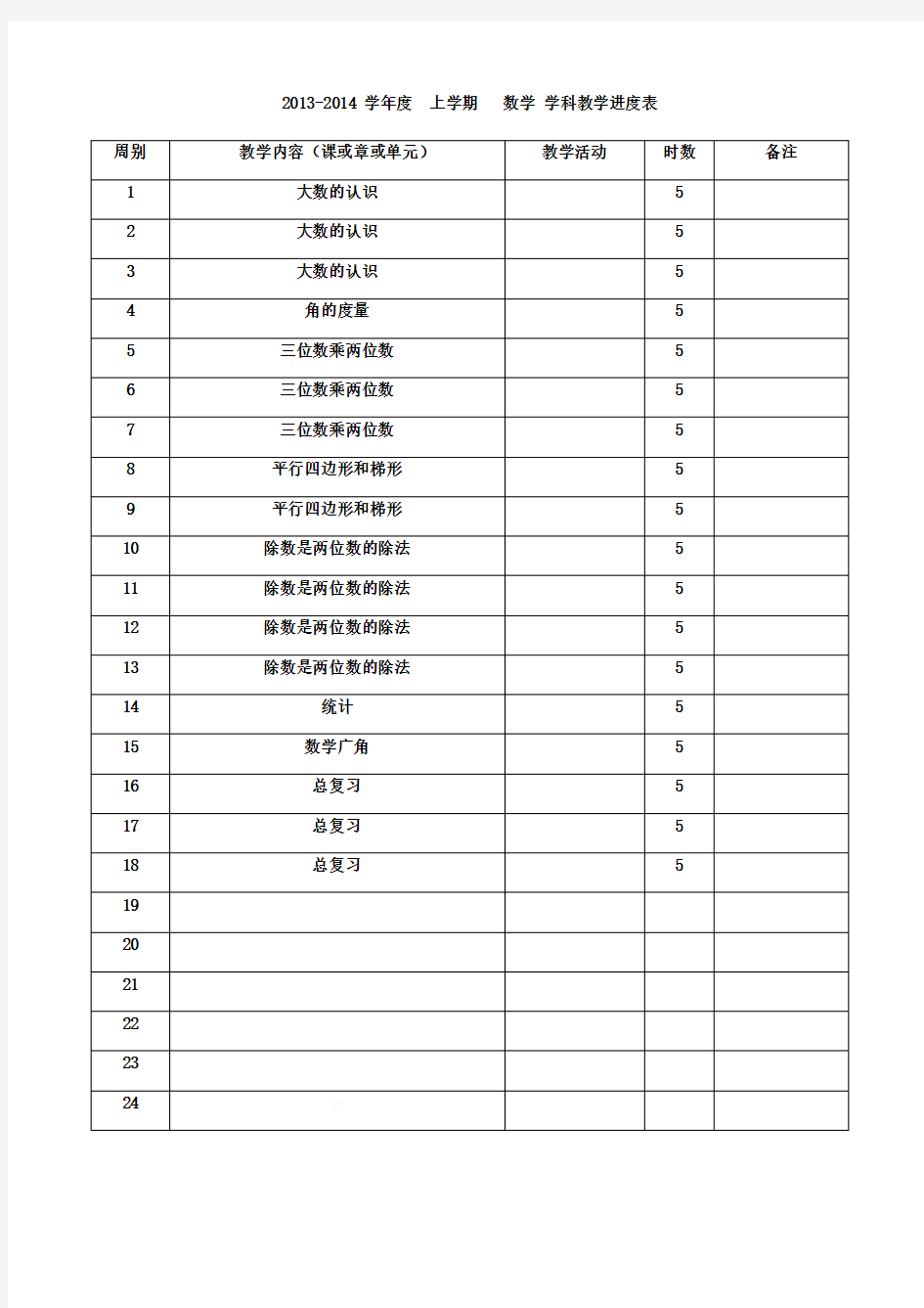 人教版四年级上册数学全册教案表格式