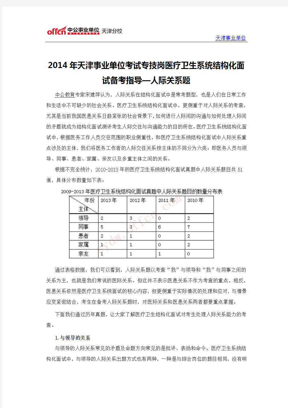 2014年天津事业单位考试专技岗医疗卫生系统结构化面试备考指导—人际关系题
