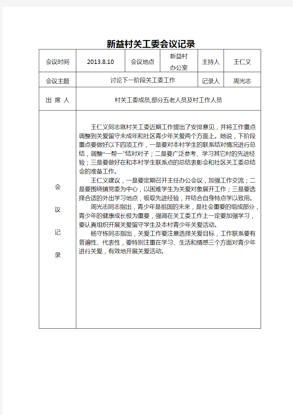 新益村关工委会议记录