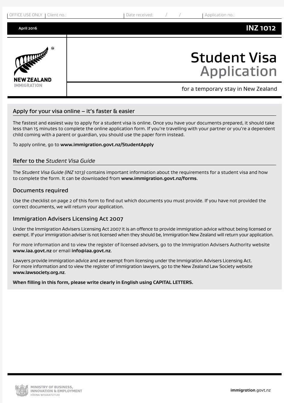 Student Visa application form - INZ 1012 - 中文参照