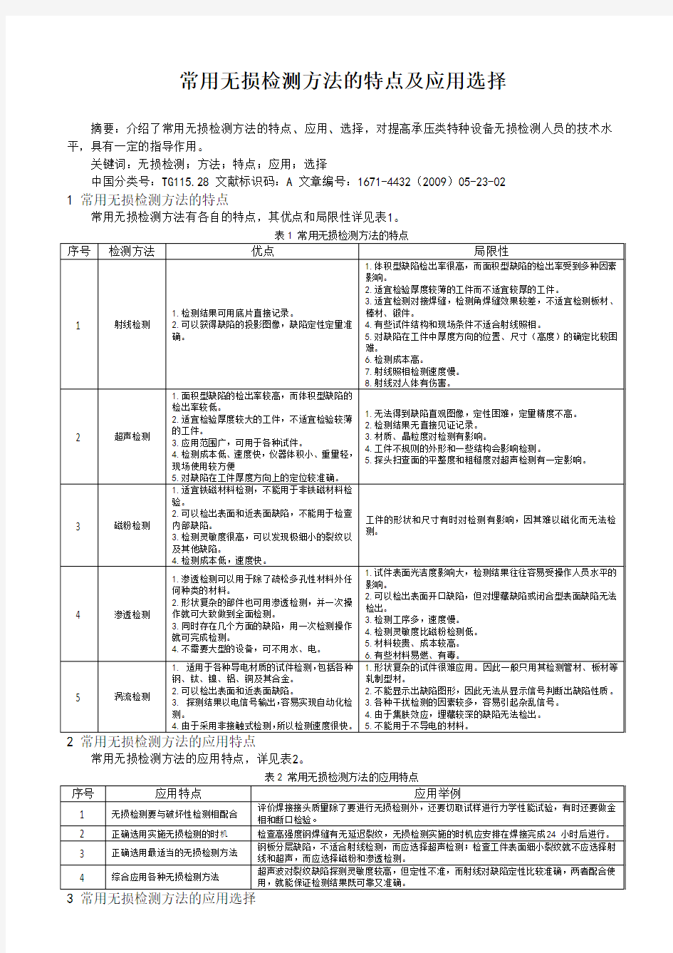 常用无损检测方法的特点及应用选择