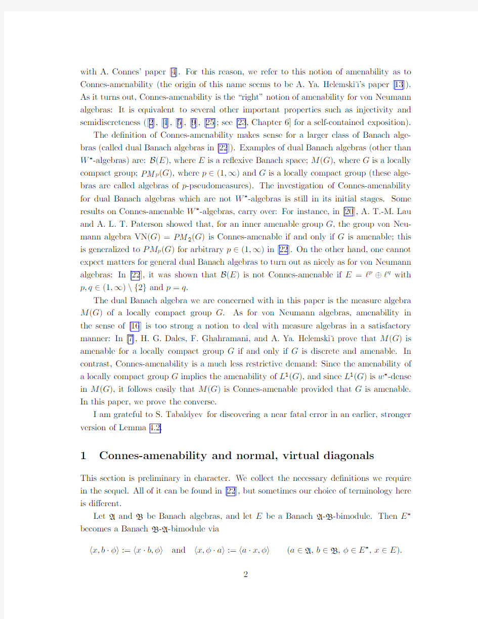 Connes-amenability and normal, virtual diagonals for measure algebras, I