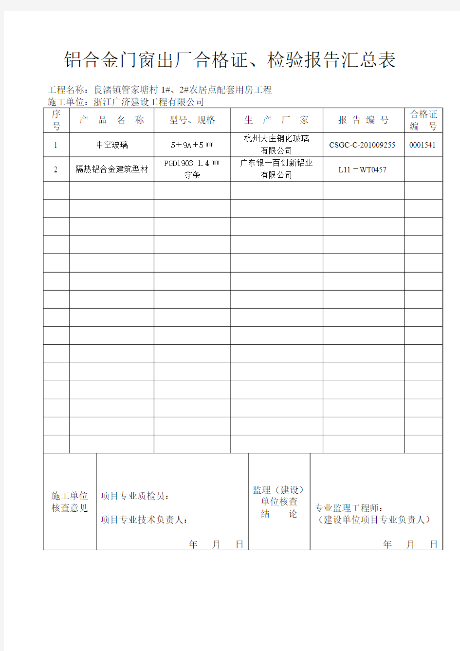 铝合金门窗出厂合格证