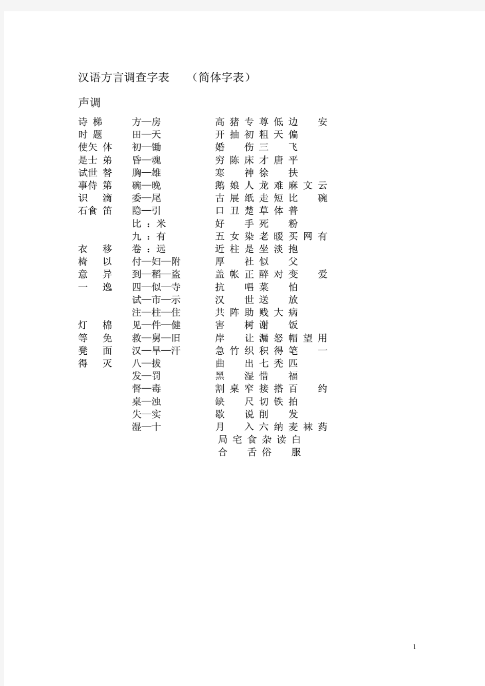 汉语方言调查字表   (简体字表)