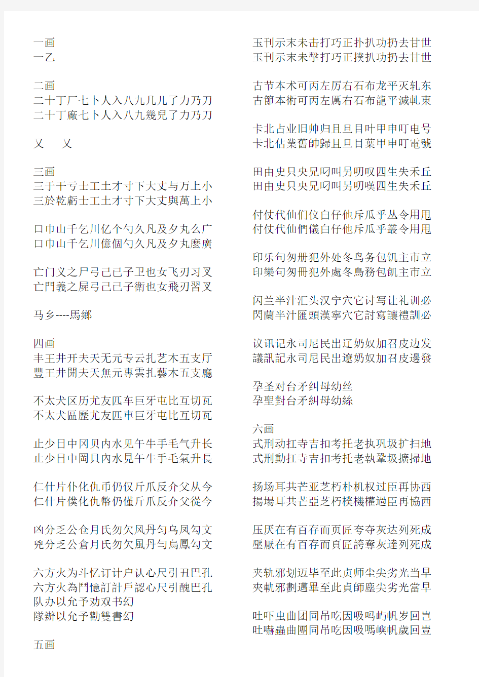 常用简体字繁体字对照表