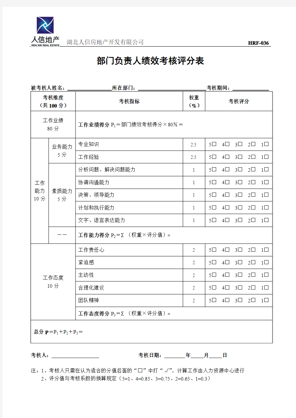 部门负责人绩效考核评分表-HRF036