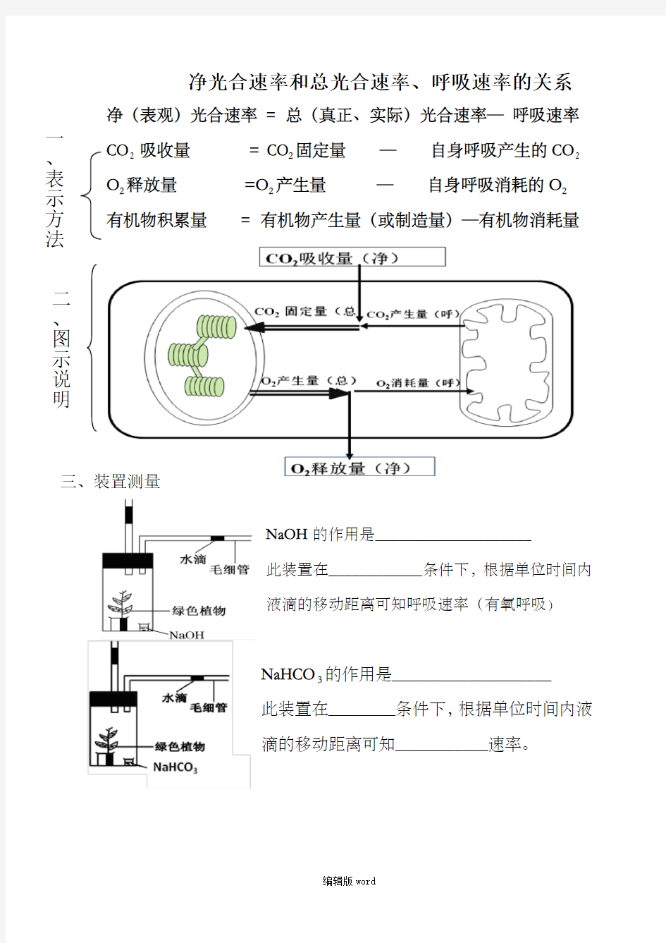 光合速率 呼吸速率 净光合速率  表示法