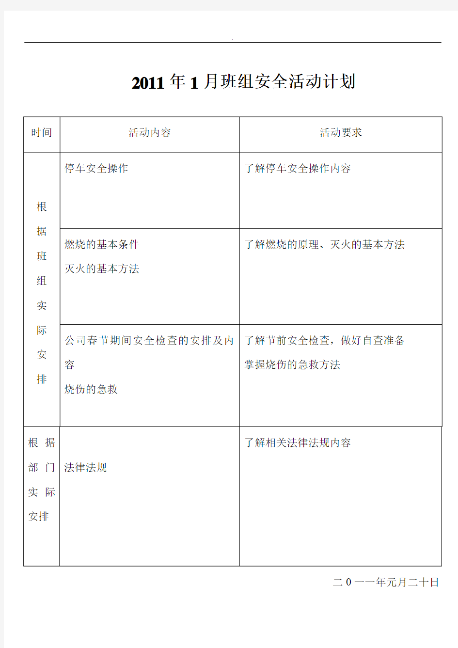 班组安全活动计划(有详细内容)