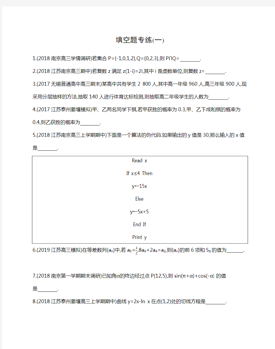 2020届高考数学江苏省二轮复习训练习题：填空题专练(一) 