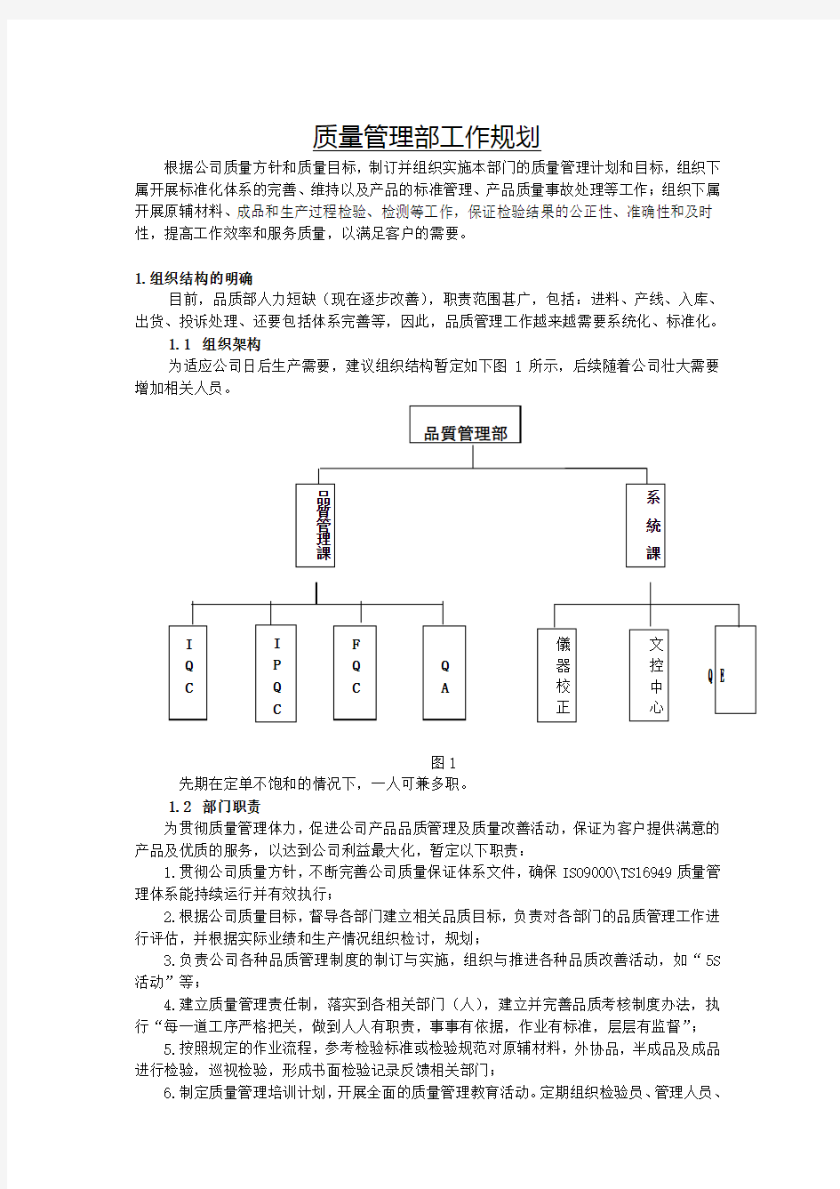 质量管理部工作规划