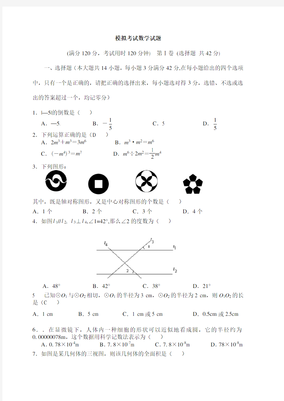 初三中考数学模拟考试试题 