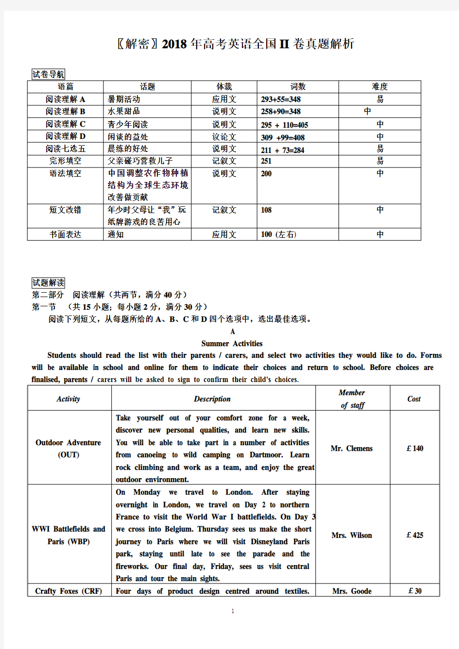 【分析】2018年高考英语全国II卷真题解析