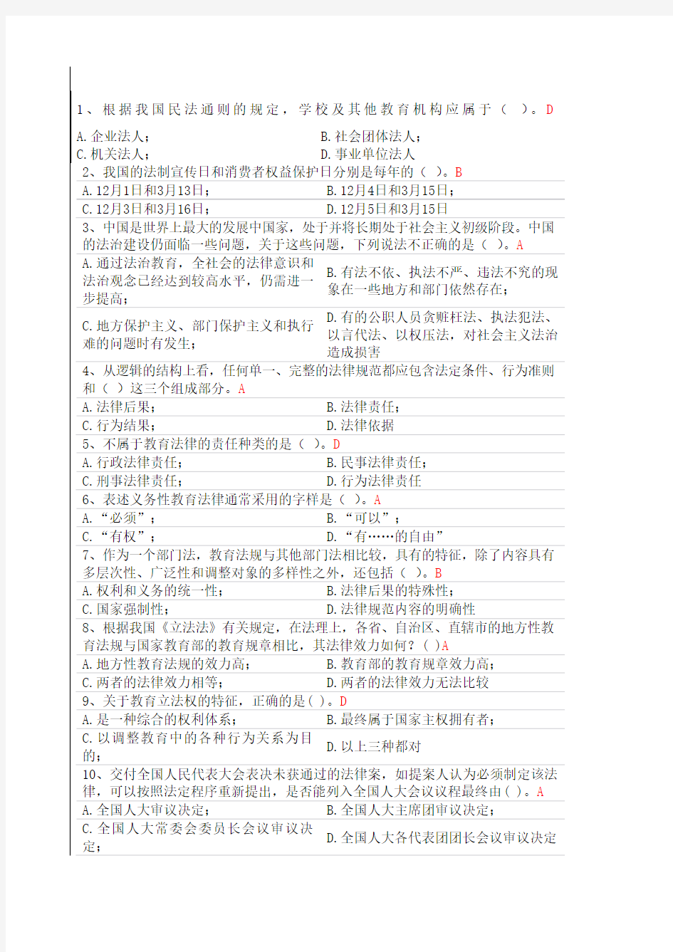 大学教师招聘高等教育法规答案汇总