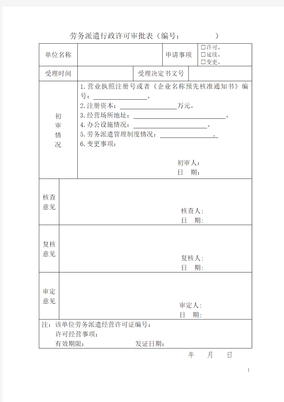 劳务派遣行政许可审批表2015(1)
