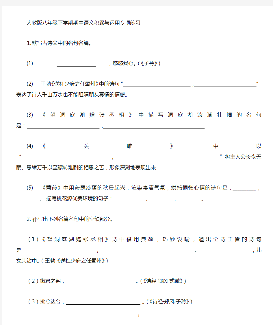 2018新人教版八年级下学期期中语文字词,诗词,文学常识,名著阅读专项练习