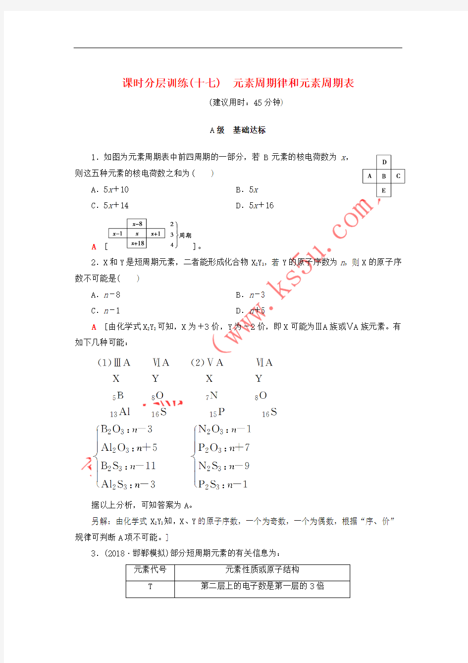 2019年高考化学一轮复习 课时分层训练17 元素周期律和元素周期表 鲁科版