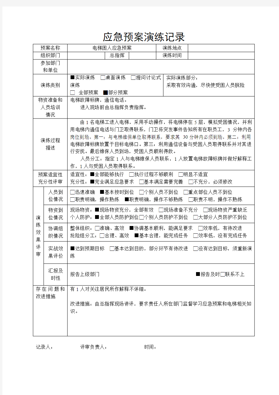 电梯应急预案演练记录