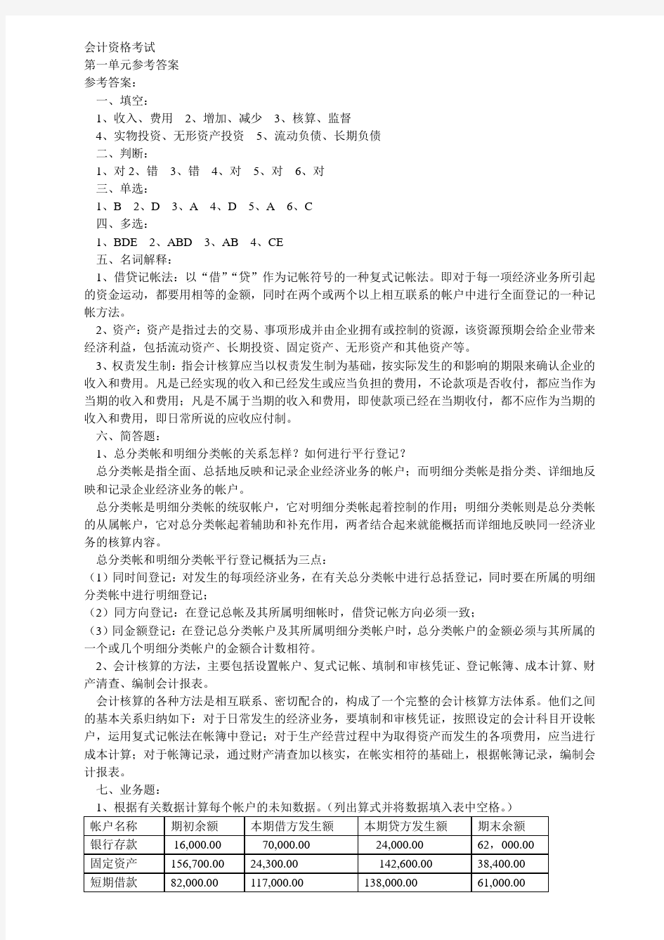 会计基础练习1参考答案