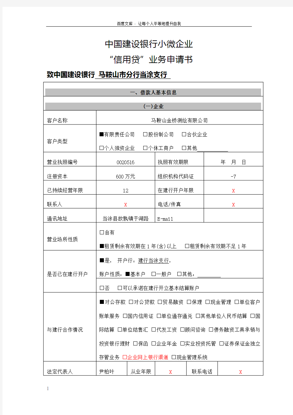 中国建设银行小微企业“信用贷”业务申请书