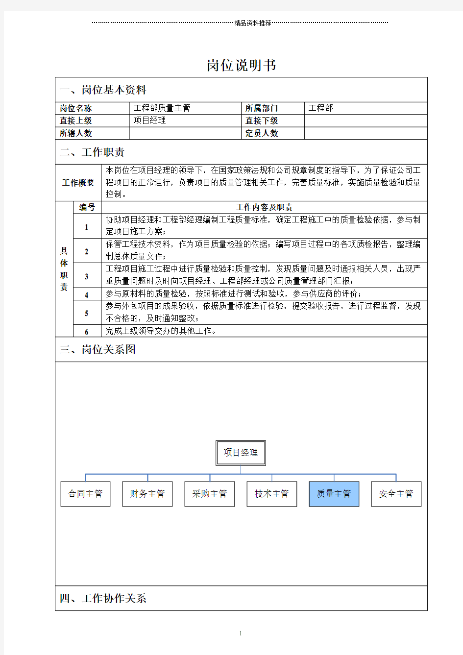 工程部质量主管岗位说明书