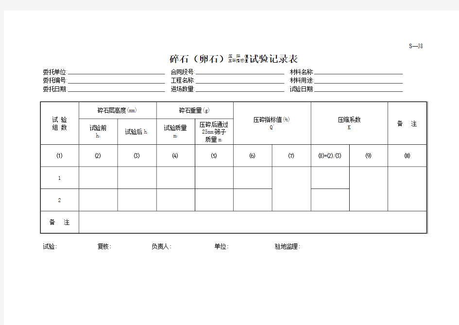 碎石(卵石)压 碎 值压碎指标值试验记录表