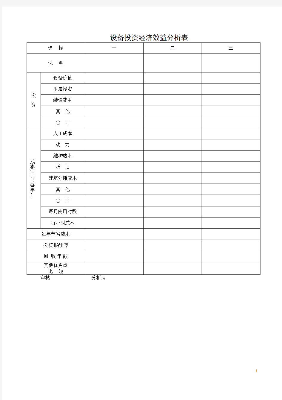 设备投资经济效益分析表模板范文