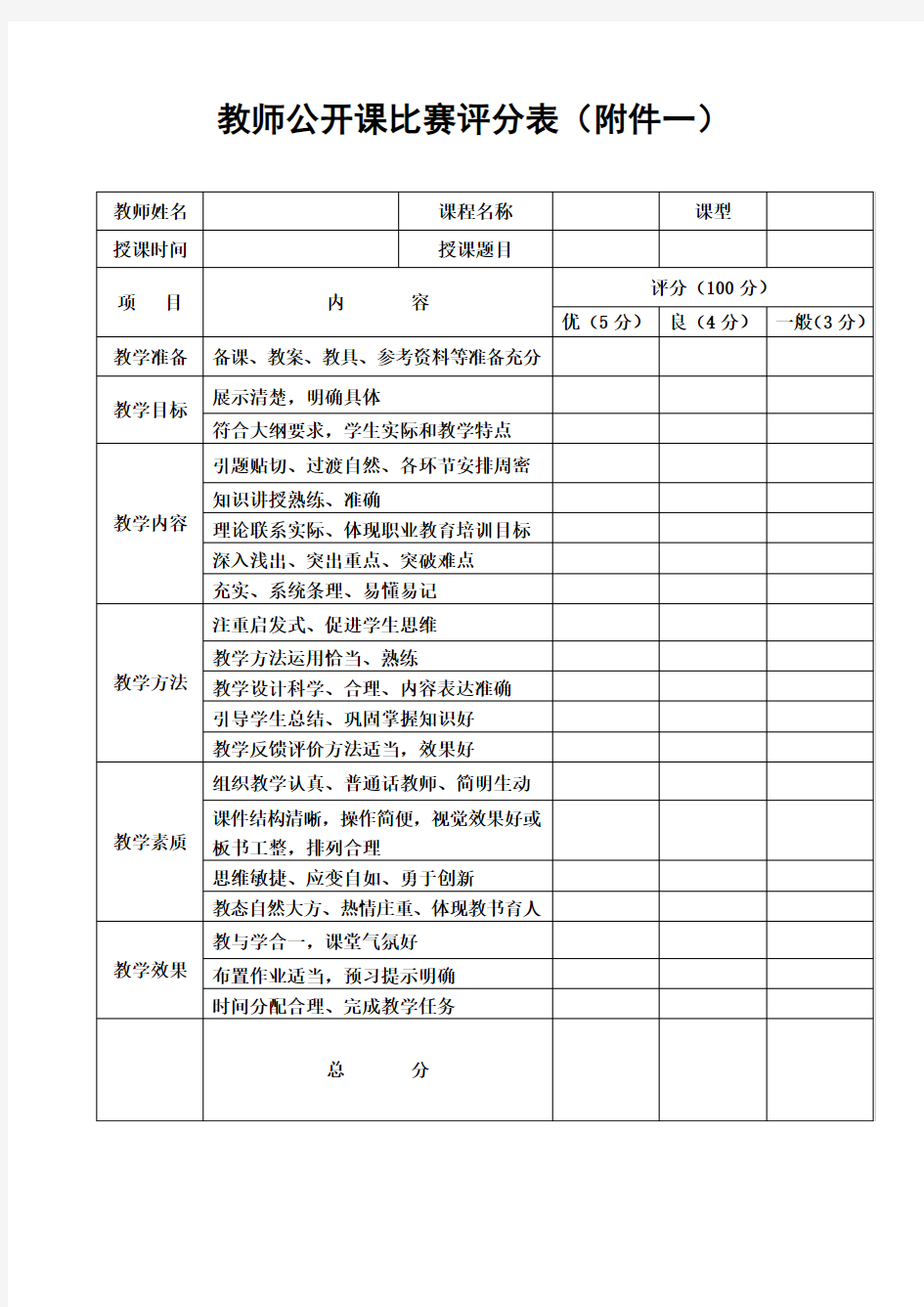 教师公开课比赛评分表