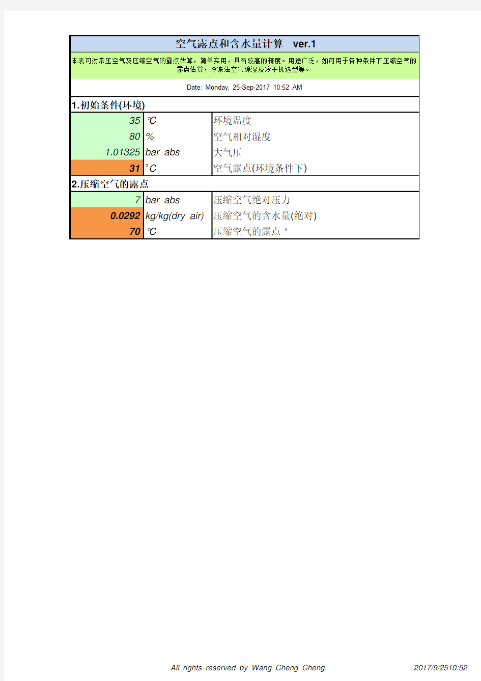 压力露点和压缩空气含水量计算ver.1