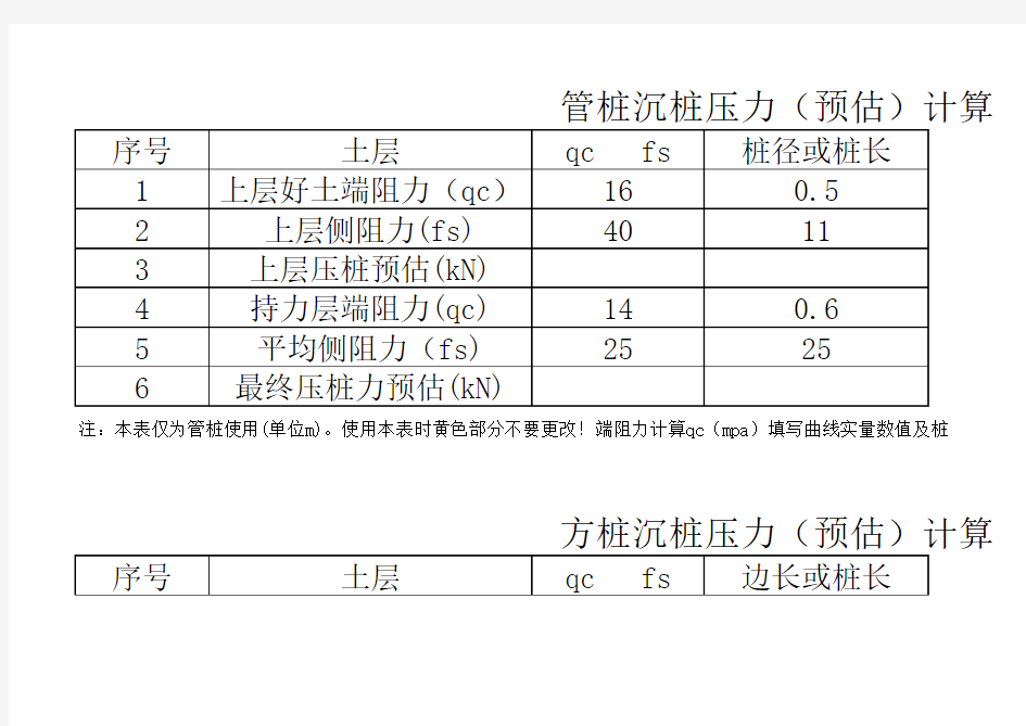 静压桩沉桩压力快速计算表