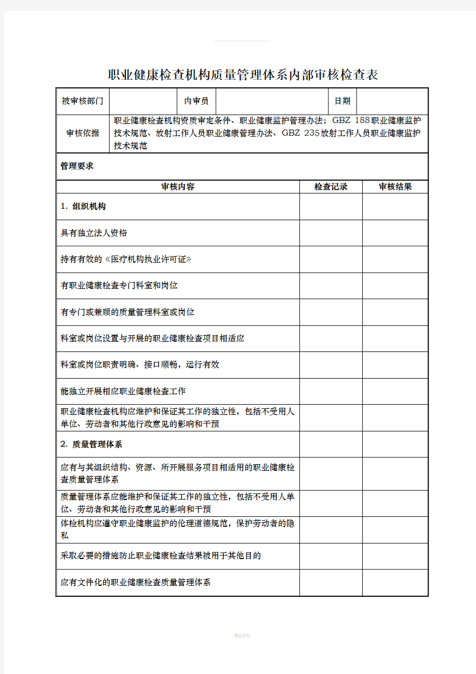 职业健康检查机构质量管理体系内部审核检查表