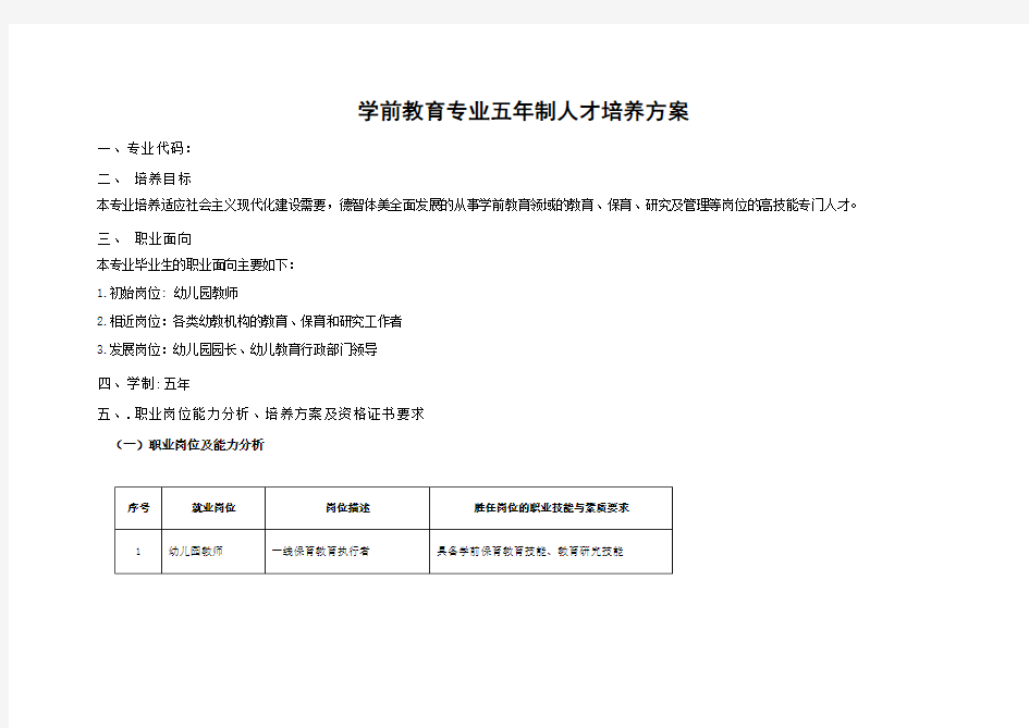 学前教育专业五年制人才培养方案