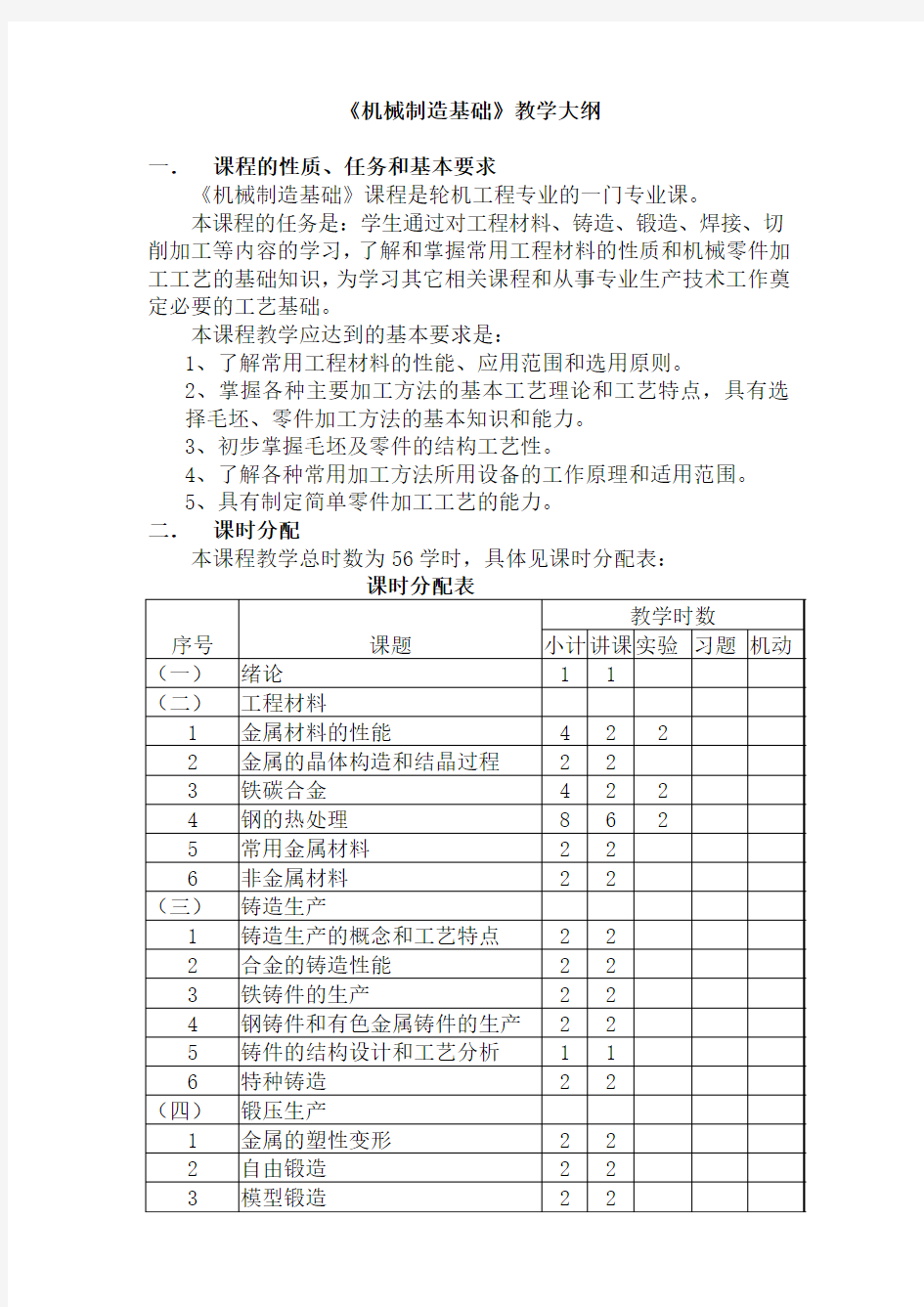 机械制造基础教学大纲要点