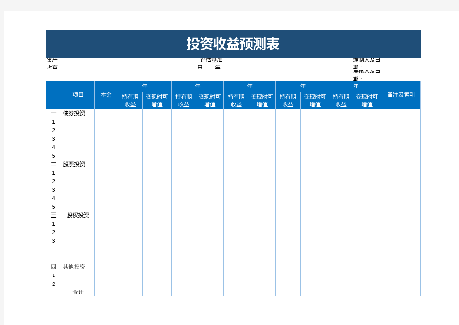 投资收益Excel预测表