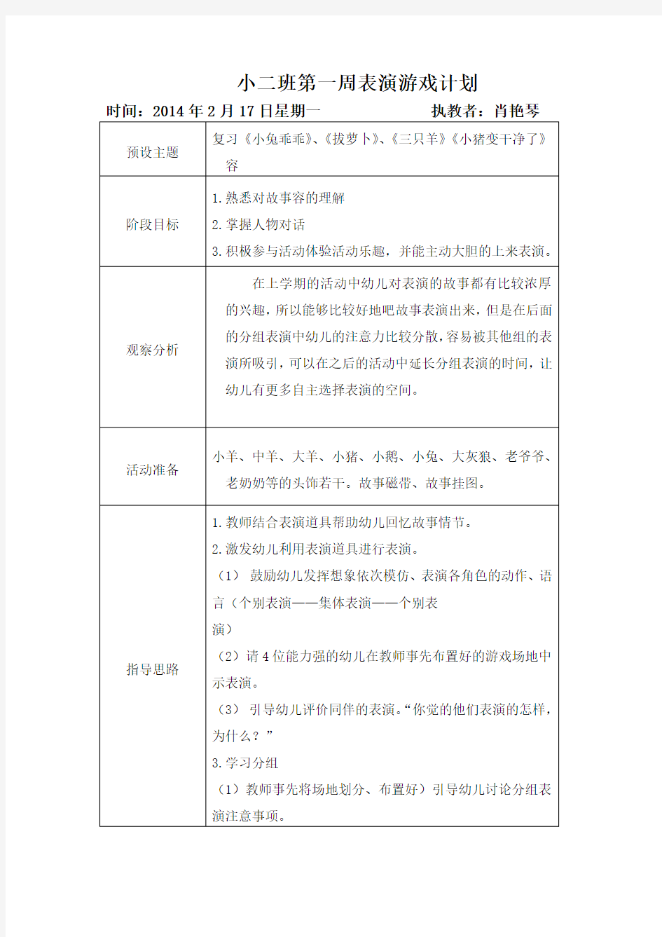 小班下表演游戏.计划与反思