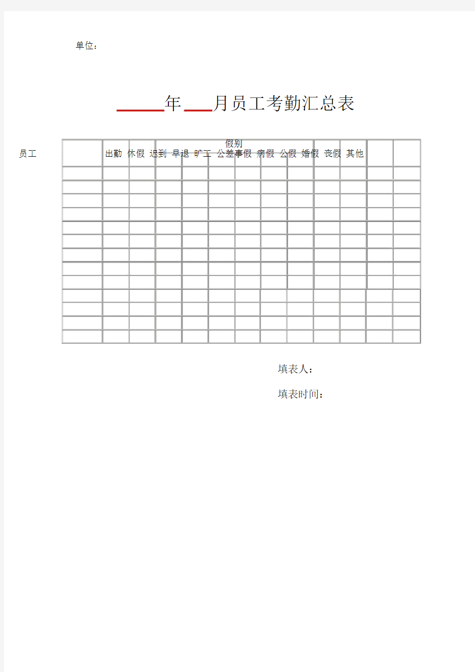 员工考勤月汇总表