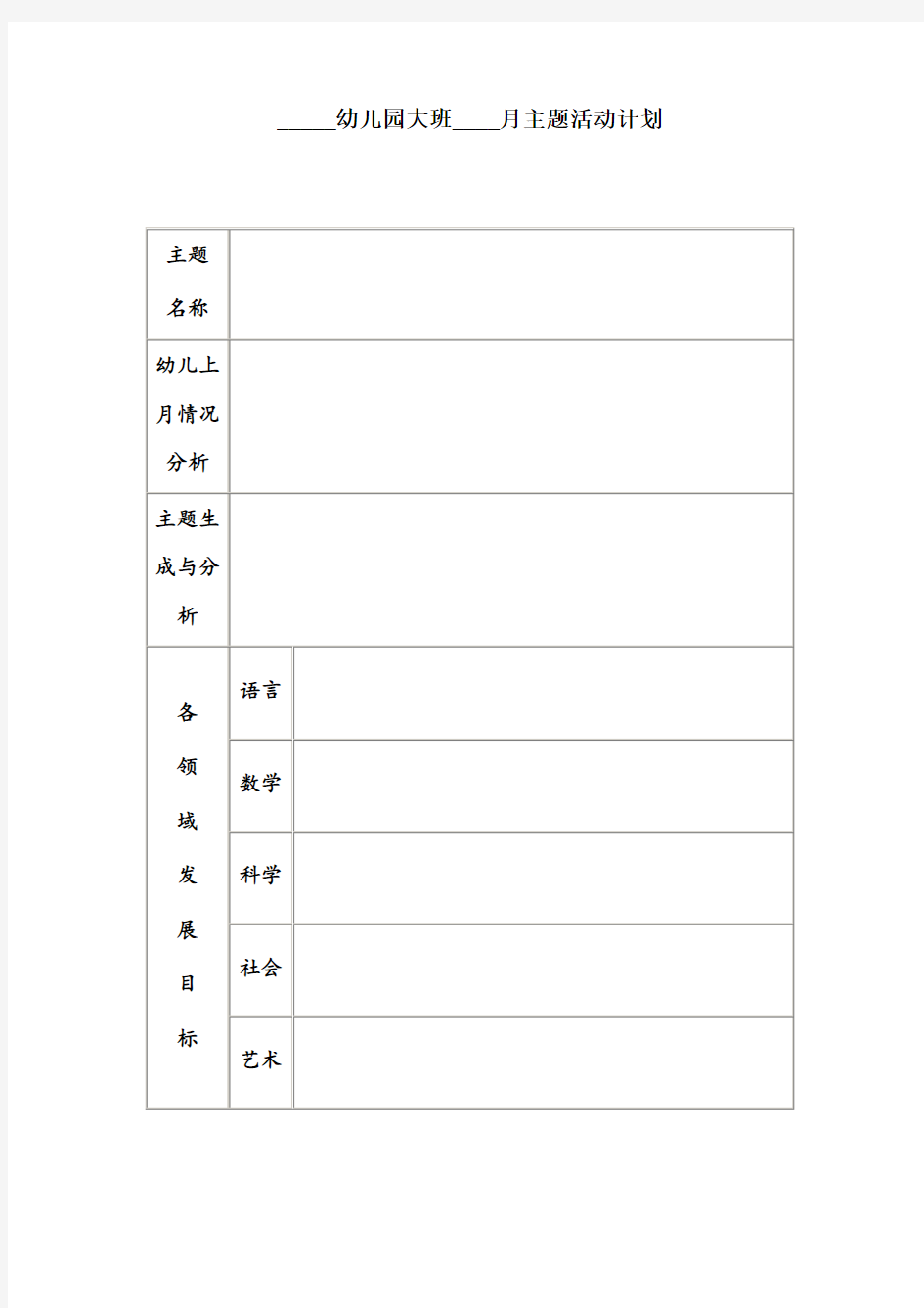 幼儿园大班月主题活动计划表(模板)