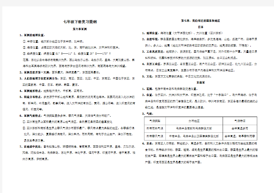 七年级下册复习提纲(全册)