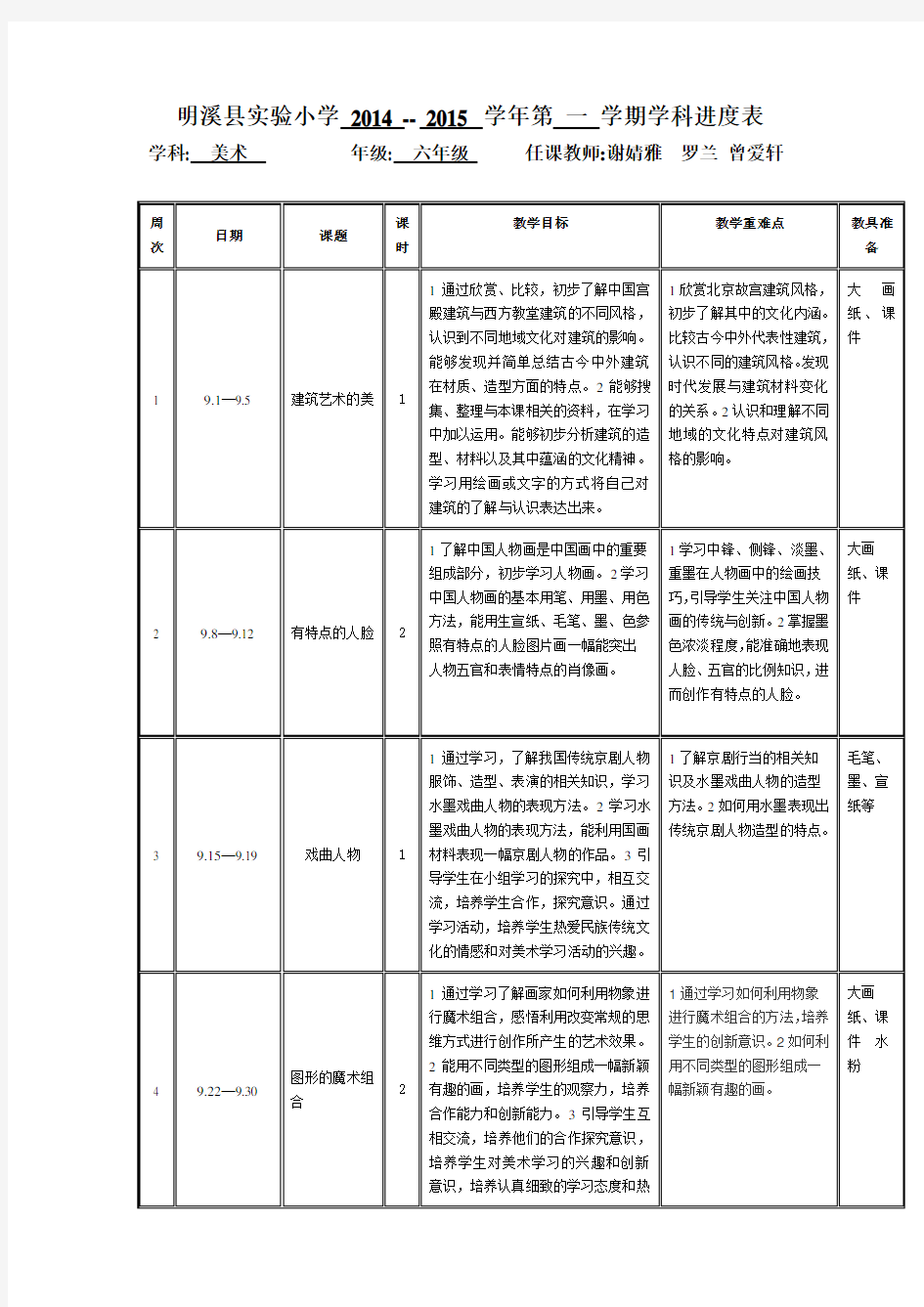 六年级教学进度表美术