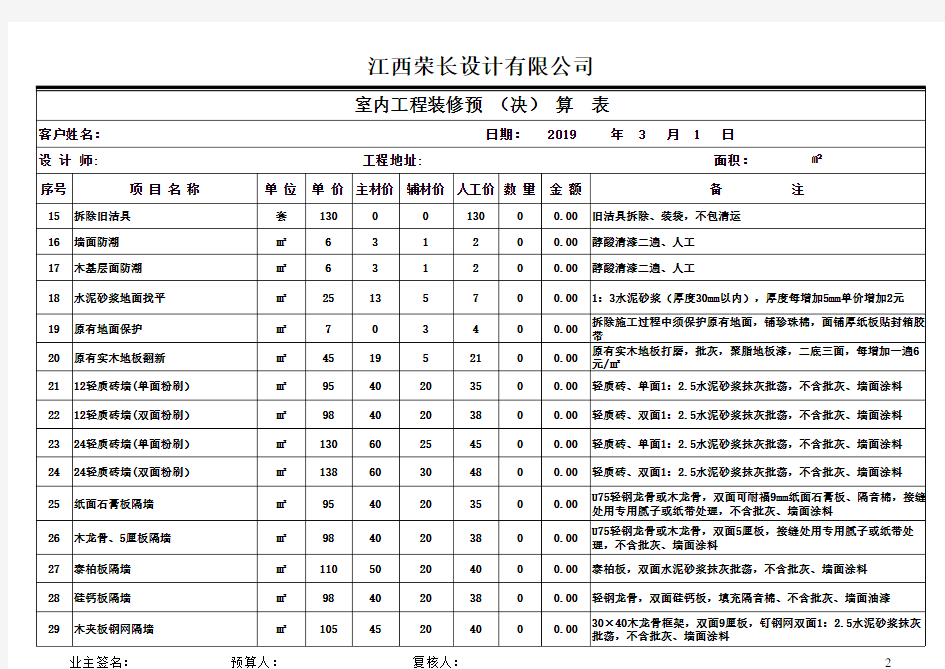 家庭装修预算报价表明细excel模板最新