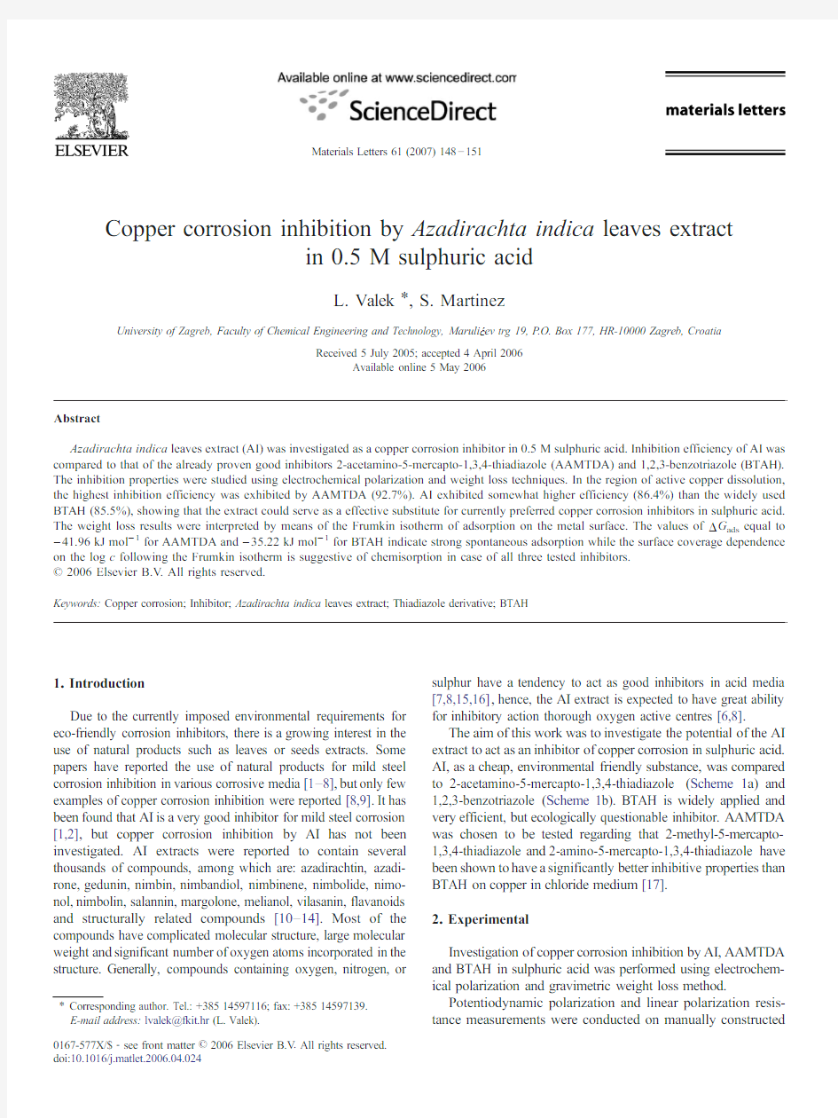 Copper corrosion inhibition by Azadirachta indica leaves extract