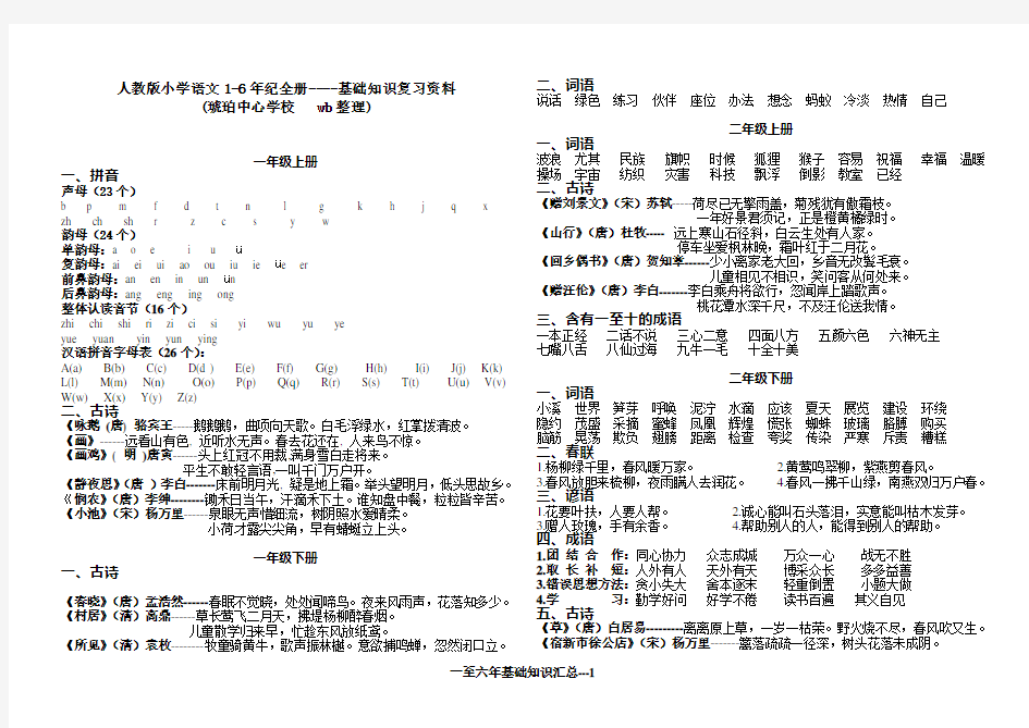 人教版小学语文基础知识复习资料1-6年级