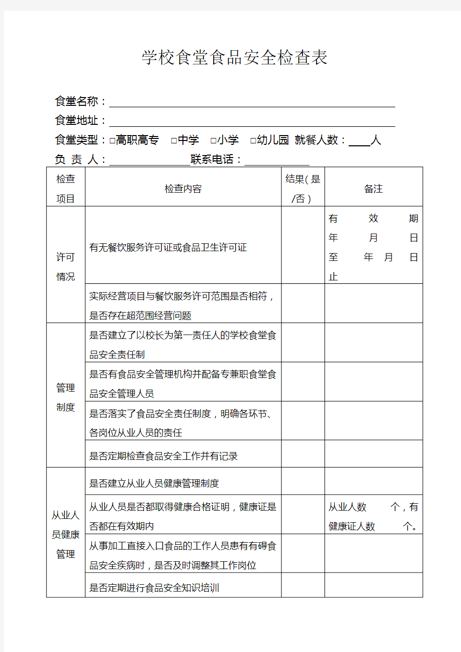 学校食堂食品安全检查表